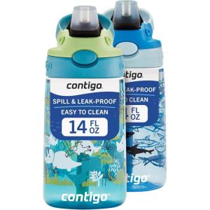 imageContigo Aubrey Kids Water Bottle with Silicone Straw and Spill Proof Lid 14oz 2Pack Whales ampamp Dragon Blue ampamp GreenDinos  Sharks