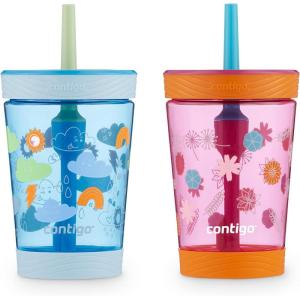imageContigo Kids SpillProof Tumbler with Straw 14 oz 2 PackDragonfruit Wildflowers  Blue Poppy Clouds