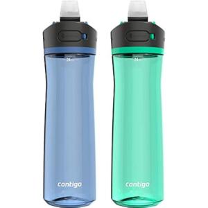 imageContigo Ashland 20 LeakProof Water Bottle with Lid Lock and Angled Straw Dishwasher Safe Water Bottle with Interchangeable Lid 24oz 2Pack Blue CornCoriander
