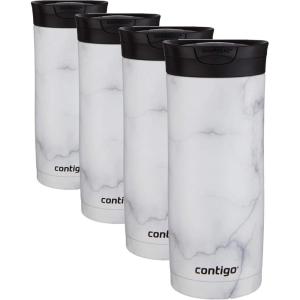 imageContigo Huron 16oz VacuumInsulated Stainless Steel Travel Mug LeakProof Lid Keeps Drinks Hot or Cold for Hours White Marble Finish Fits Most Cup Holders amp Brewers16 Ounces Pack of 4